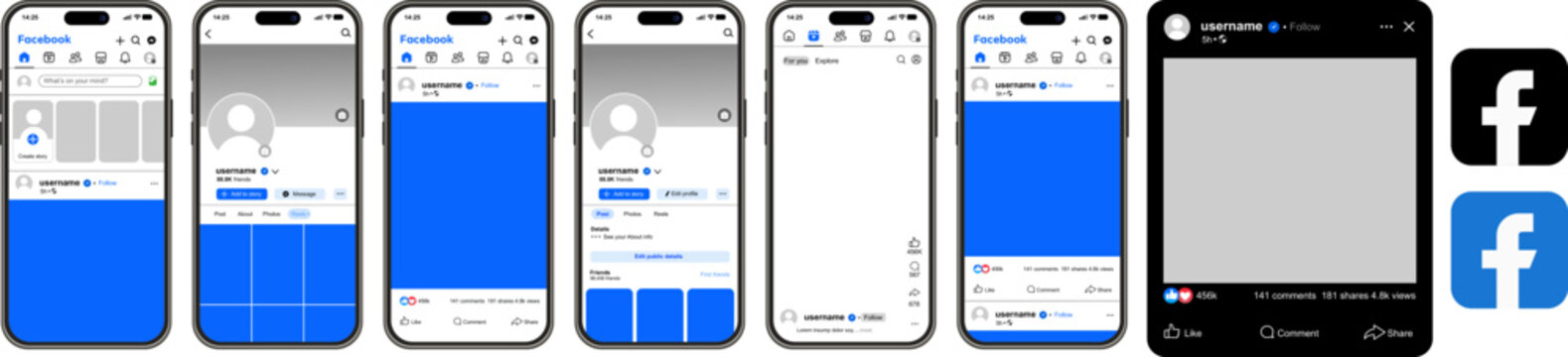 Complete kit of mobile application interfaces for social networks, collection of Facebook profile and news designs for smartphone screens, set of digital user interface wireframes for community intera