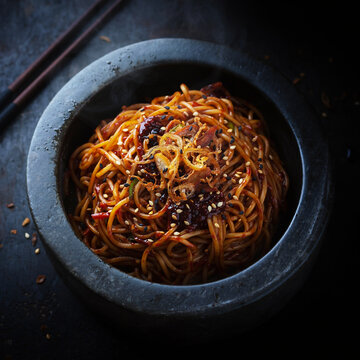 Stir-fried shin ramyun noodles with gochujang and crispy shallots