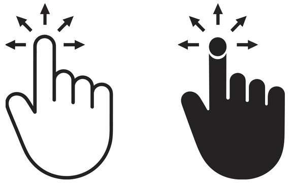 Gesture icons set, finger drag and move direction symbols, touch screen interaction graphics, swipe and scroll indicators, user interface design