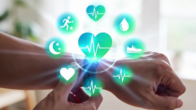Smartwatch fitness tracker with health icons heartbeat heart rate running shoe hydration and sleep on wrist. Wearable technology wellness, digital monitoring activity, lifestyle biometric tracking