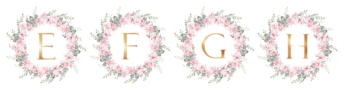 Watercolor rose wreath set with gold letters E, F, G and H, botanical floral monogram collection for wedding invitations, branding, logo design and decorative templates