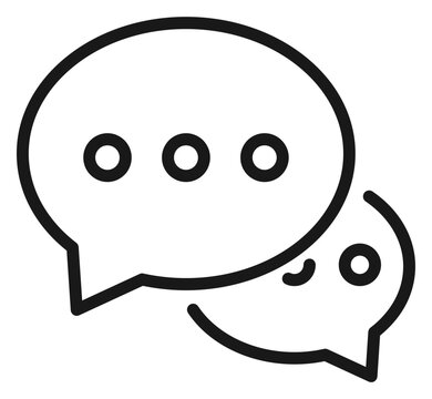 Minimalist black vector icon of two overlapping speech bubbles representing a conversation, chat, or messaging. The larger bubble features an ellipsis symbol. Clean line art illustration for digital