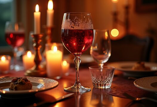 Rich Red Wine Crystal Glass Candlelit Dinner Romantic Evening Dinnerware