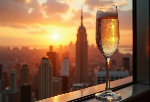 Sparkling Prosecco Bubbles in Flute atop Rooftop Horizon at Golden Hour Escape