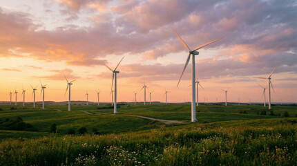 Obraz premium Wind Turbine Farm on Green Hills at Sunset for Renewable Energy Concept