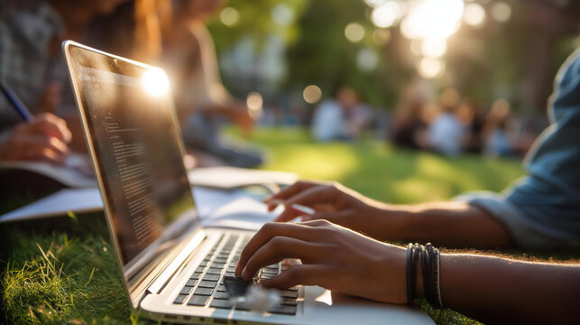 Close up of multiple hands at a bright outdoor campus grass area sharing a laptop screen with study materials the laptop showing a class lecture recording warm outdoor afternoon