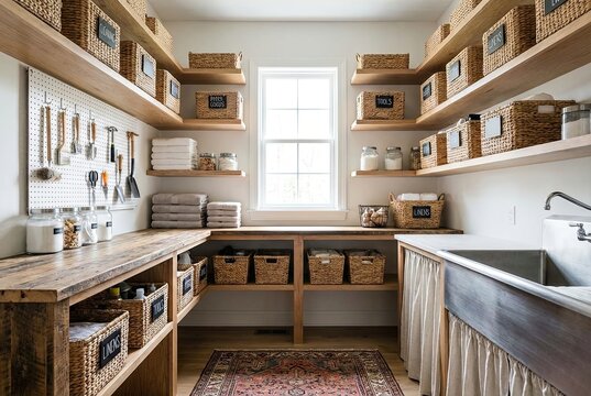 Neatly Organized Utility Closet with Labeled Baskets and Natural Light