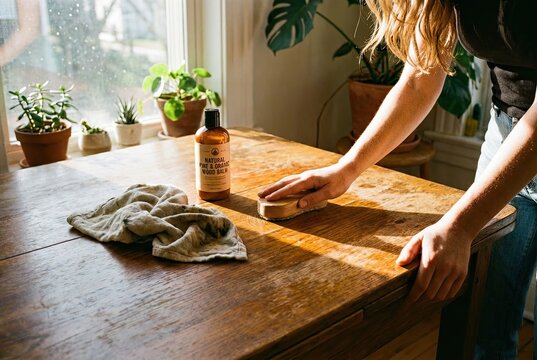 Close-up of Hands Polishing Vintage Wooden Surface with Natural Cleaner, Highlighting Care and Maintenance in a Living Area