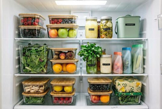 Neatly Organized Refrigerator Interior with Fresh Produce in Clear Containers and Natural Light
