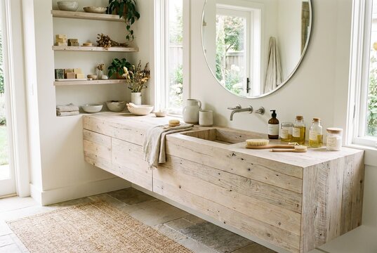 Minimalist Bathroom Vanity with Natural Toiletries, Displaying a Spa-like Calm and Self-Care Aesthetic in a Bright and Airy Interior