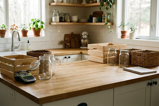 Kitchen Counter Organization in Progress with Empty Storage Containers, Ready for Mindful Decluttering