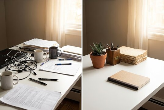 Before and After of a Decluttered Home Office Desk with Vintage Stationery and Soft Lighting