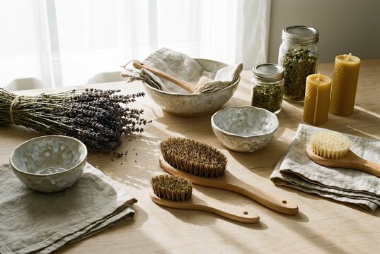 Eco-Friendly Home Cleaning and Decor with Dried Lavender, Wooden Brushes, and Ceramic Bowls on a Light Surface
