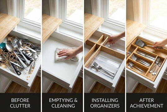 Neatly Organized Kitchen Drawer with Utensils and Dividers Under Natural Light