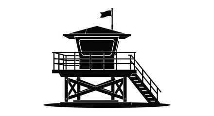 A stark black lifeguard station stands prominently against a white background featuring a raised platform and detailed railings silhouette high quality professional modern elegant © rsvect02