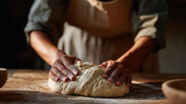 Person's hands kneading dough on a wooden table. the person is wearing a beige apron and appears to be in the process of making a bread. the dough is light brown in color and has a rough texture.