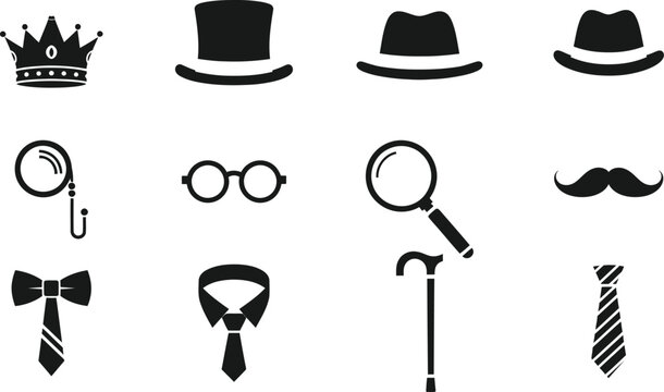Elegant hat accessory vector collection crowns top hats monocles mustaches and ties stylish design elements