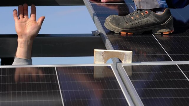 Construction of a Solar Power Plant, installation panels - (4K)