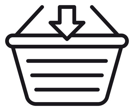 Shopping basket icon with a downward arrow vector illustration. Minimalist black line art symbol for e-commerce, retail, online shopping, adding items to cart, and digital marketplace apps.
