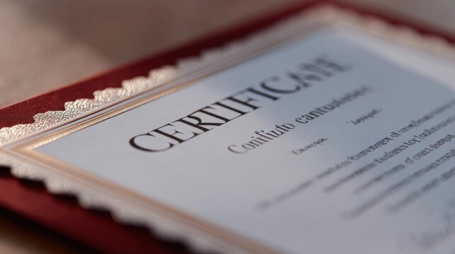 Close-up of a certificate or diploma. the certificate is rectangular in shape and has a red border with a scalloped edge.