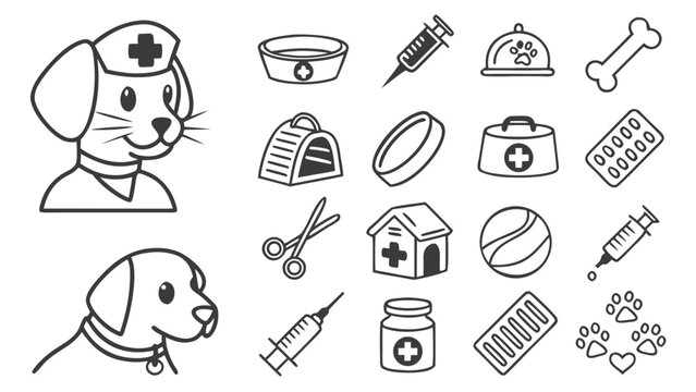 A set of black and white line art illustrations depicting various veterinary care icons and a cute dog wearing a nurse hat