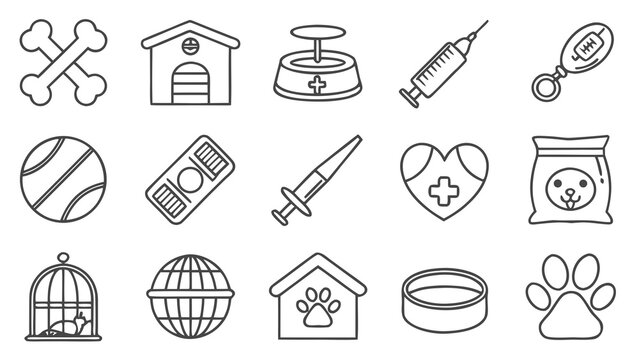 A set of black and white line art icons related to pets and veterinary care