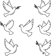 Fototapeta premium Seven white doves flying with olive branches