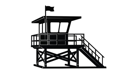 A striking black silhouette depicts a coastal lifeguard station with a tall flag showcasing architectural simplicity and functionality silhouette high quality professional detailed modern © rsvect02