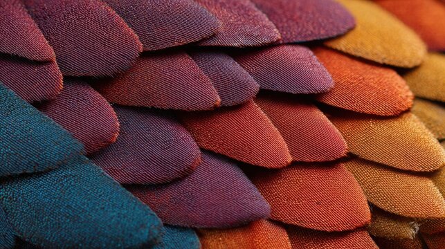 Close-up of a group of colorful fabric swatches. the swatches are arranged in a grid-like pattern, with each swatch overlapping the one below it.