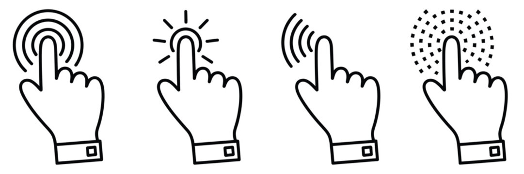 Hand gesture icons set, tap touch haptic feedback symbols, tactile interaction graphics, user interface gestures, digital device control elements, technology communication icons