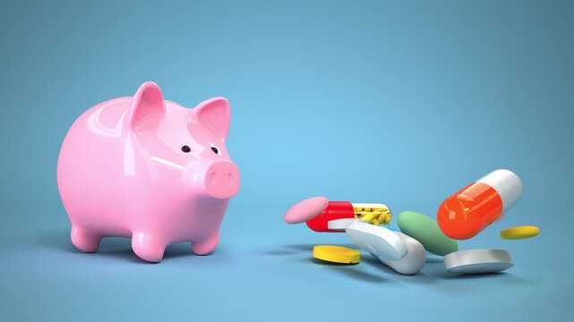 Rising Healthcare Costs Concept with Piggy Bank and Flying Pills. 4k video, ProRes 4444.