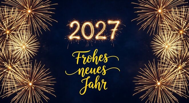 Golden Fireworks and Sparkler 2027 with Frohes Neues Jahr Text on Dark Blue Background