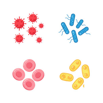 A grid of spherical red viruses, blue rod bacteria, pink concave blood cells and yellow budding yeast on a white background, scientific diagram atmosphere
