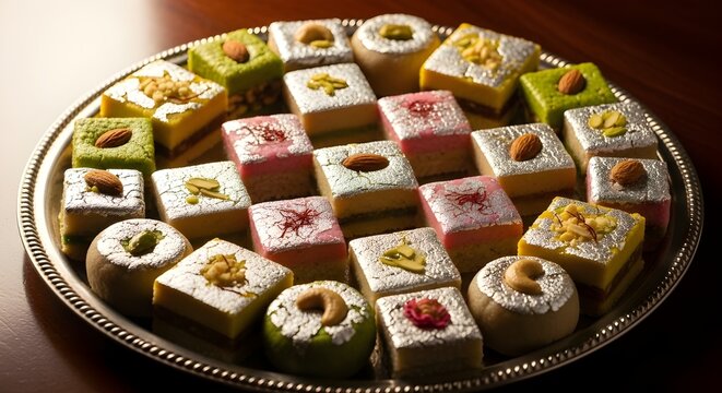 Colorful plate of barfi sweets decorated with edible silver leaf. Focus on traditional Indian dessert, festive cuisine, cultural treats, and sweet culinary concept.