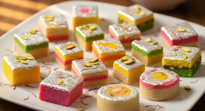 Colorful plate of barfi sweets decorated with edible silver leaf. Focus on traditional Indian dessert, festive cuisine, cultural treats, and sweet culinary concept.