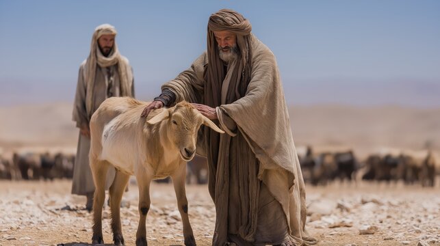 A wide desert edge scene of the scapegoat being led away from the camp as hands rest on its head, symbolizing the removal of guilt into the wilderness under harsh daylight.