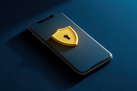 Mobile phone with yellow shield lock icon on screen symbolizing data security and privacy protection