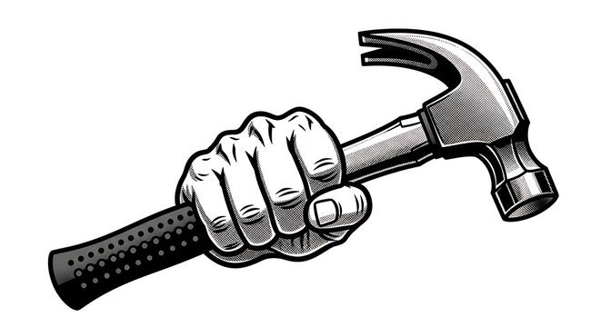 A clenched fist firmly grips a metal claw hammer against a white background
