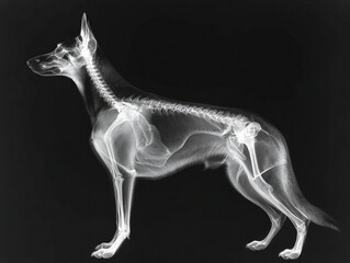 Fototapeta premium Gray X-ray image of a Belgian Malinois, showcasing its skeletal structure against a dark background Includes ribcage, spine, skull, and limbs in detail with no additional elements or h - AI-Generated