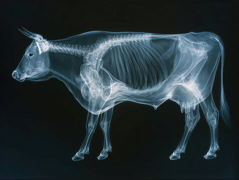 Striking black and white photograph of an upright, preserved cow skeleton in good condition, captured mid-stride against a dark background Monochrome color scheme emphasizing intricate - AI-Generated