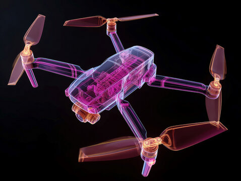 Two identical pink and orange drones, suspended in mid-air against a black background Diagonally positioned, facing opposite directions, with soft even lighting enhancing intricate det - AI-Generated
