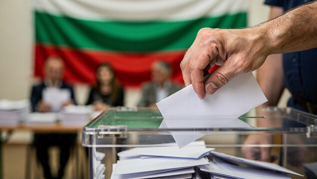 Election day in Bulgaria with voter hand and ballot box, soft flag background