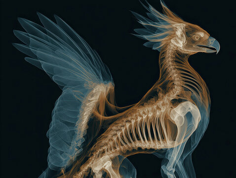 Detailed digital rendering of an eagle skeleton with restored flesh and feathers, shown in profile view against a dark background with subtle blue and grey hues Soft yet directional li - AI-Generated