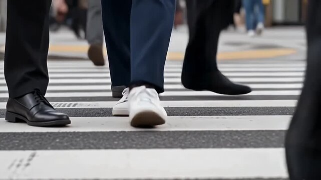 Low Angle Ground Level View of Pedestrians Feet Walking Across a Zebra Crosswalk on a Busy Urban City Street