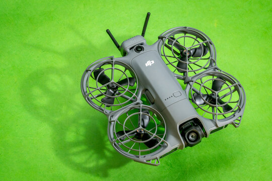 Fort Collins, CO, USA - April 8, 2026: DJI Neo 2 mini drone on art paper. It offers a creative and fun alternative to a selfie stick or tripod.