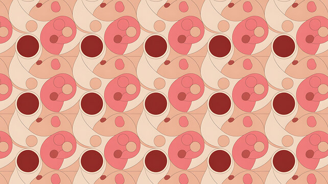 Abstract pattern featuring overlapping circles in shades of pink, red, and beige, creating a repeating design.
