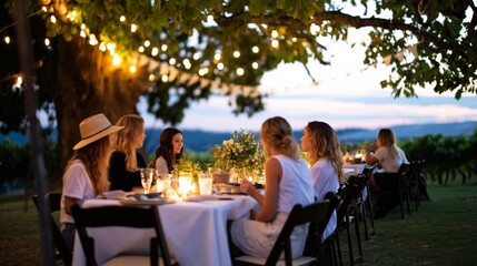 Fototapeta premium Friends Enjoy Dinner Under Lights at a Vineyard During Sunset in Summer