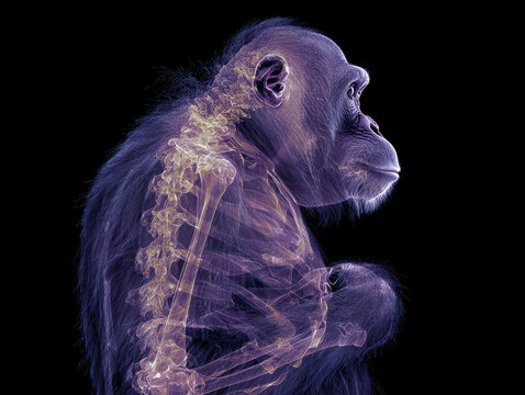 Orangutan skeleton X-ray, standing upright, monochromatic purple tone, frontal view with right angle, high contrast background, even lighting, realistic yet surrealistic style - AI-Generated