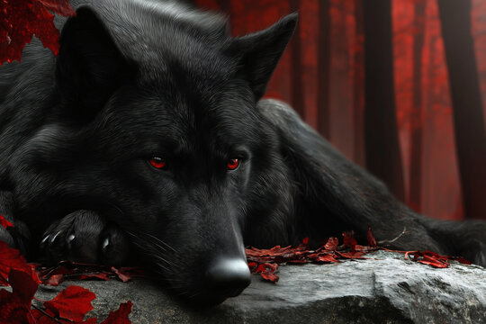 Black wolf with red eyes resting on rock in autumn forest, dark fantasy