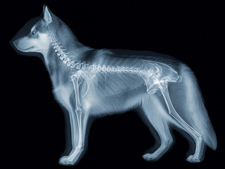 Fototapeta premium X-ray image of a Siberian Husky in profile, skeletal structure visible against black background - AI-Generated